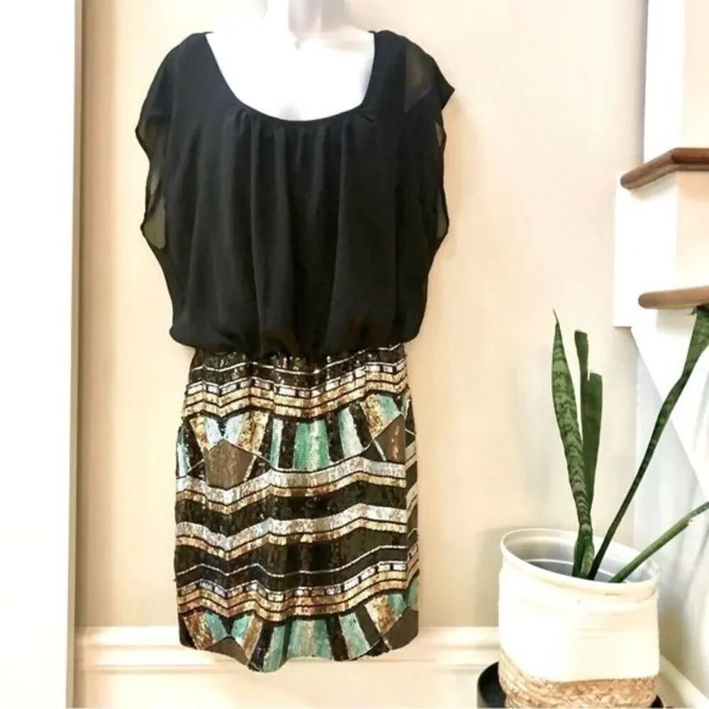 Luxology gold black teal sequin skirt dress w silky blouse women’s size L